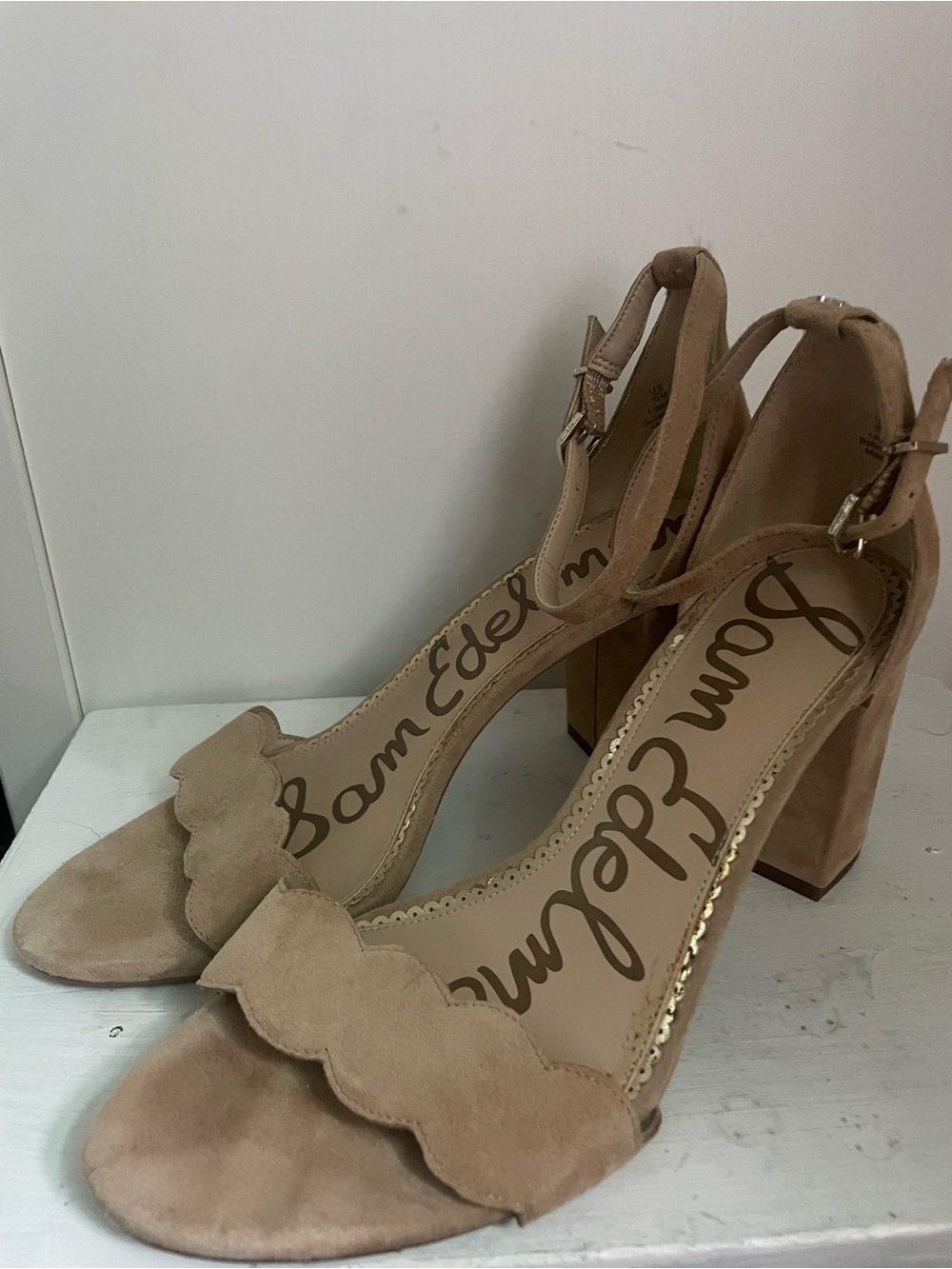 Sam Edelman Nude Scalloped Suede Block Heel Sandals